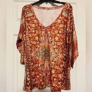 Rust Floral Border Print V-Neck Women’s Top